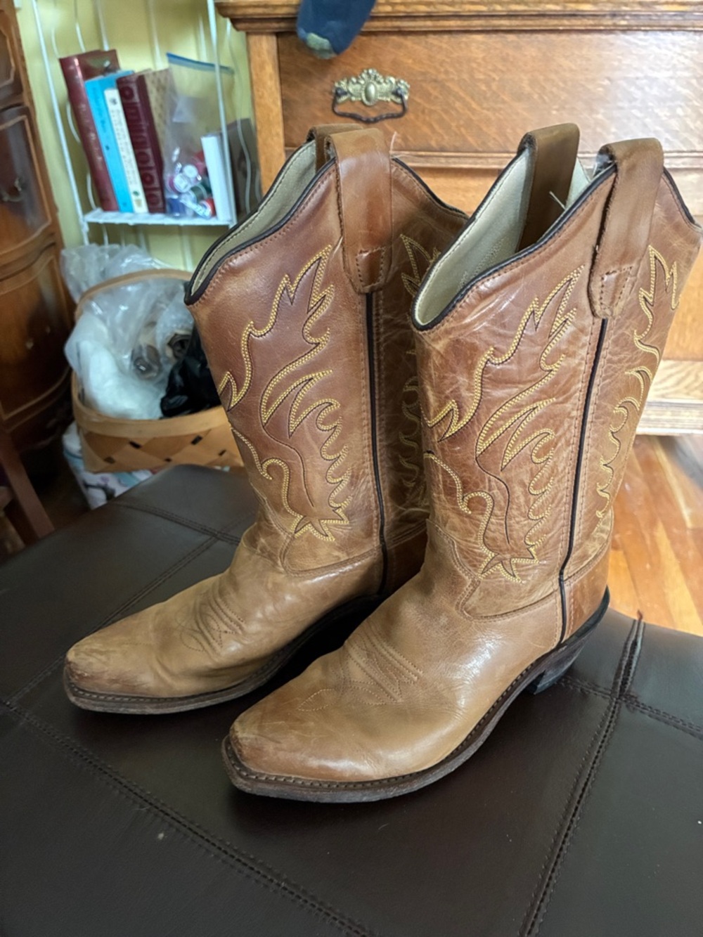 Old West Brown Leather Kids Cowboy Boots with Yellow Embroidery